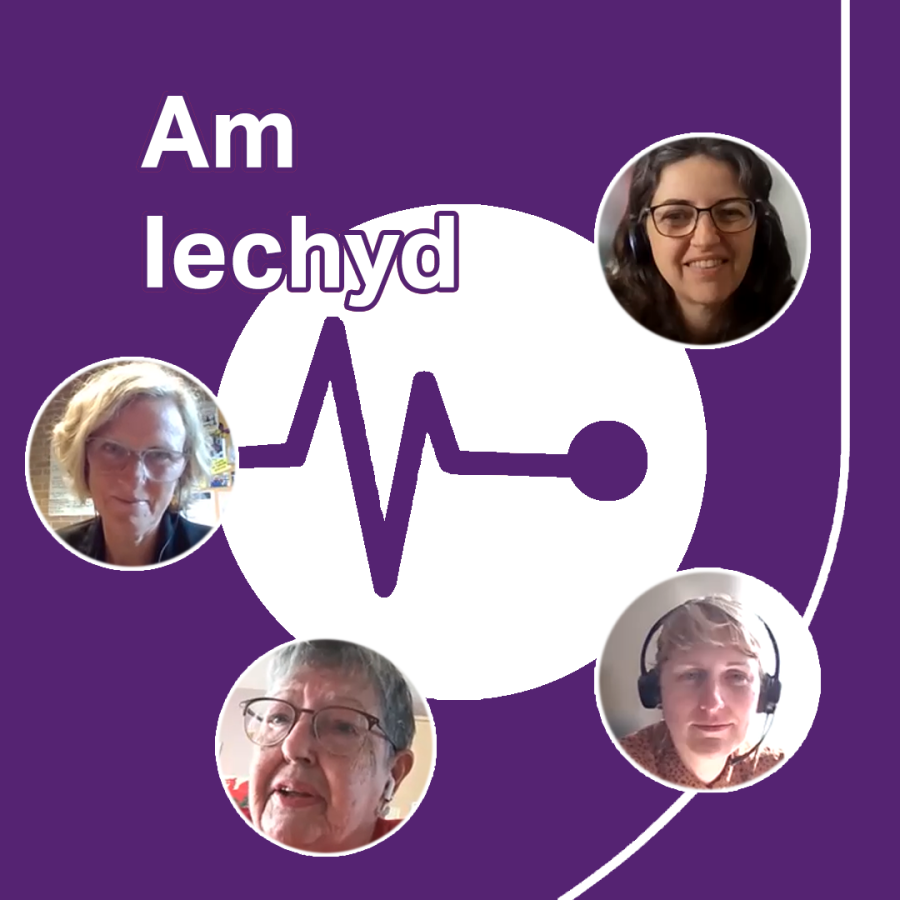 Logo for the Am Iechyd podcast with faces of the contributors