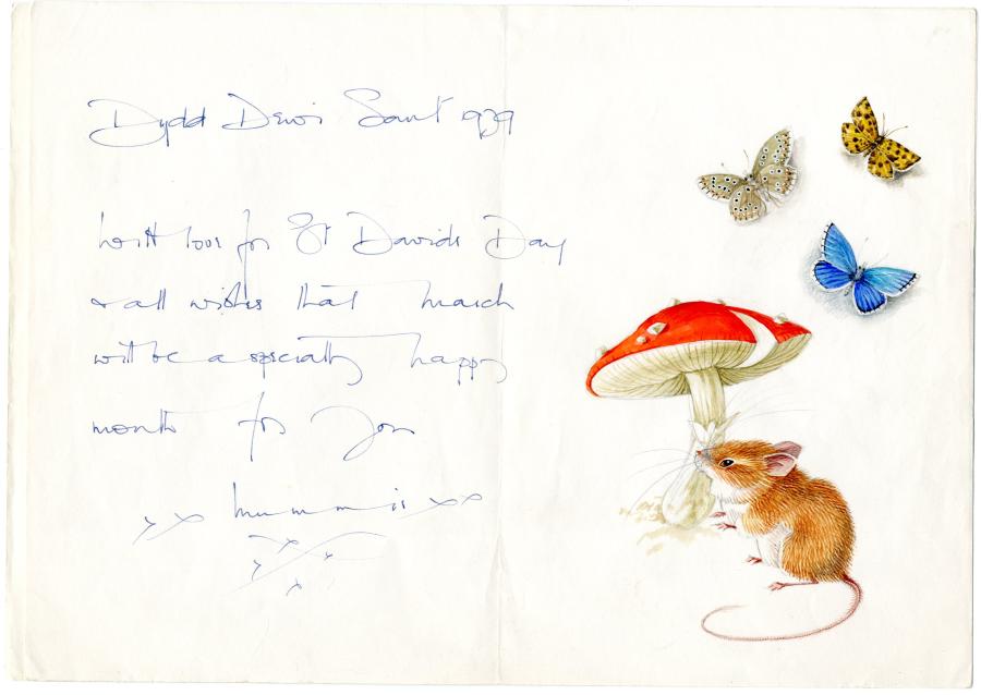 hand-drawn letter for St. David’s Day from artist Mildred Eldridge to her son