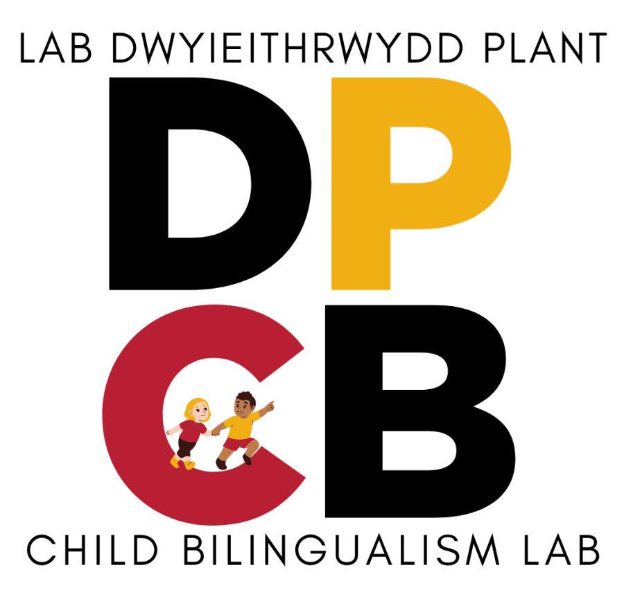 Child Bilingualism Lab logo. The logo has 4 letters, DP CB in black, red, and gold, which represent Lab Dwyieithrwydd Plant, Child Bilingualism Lab. There are 2 cartoon children standing within the C.