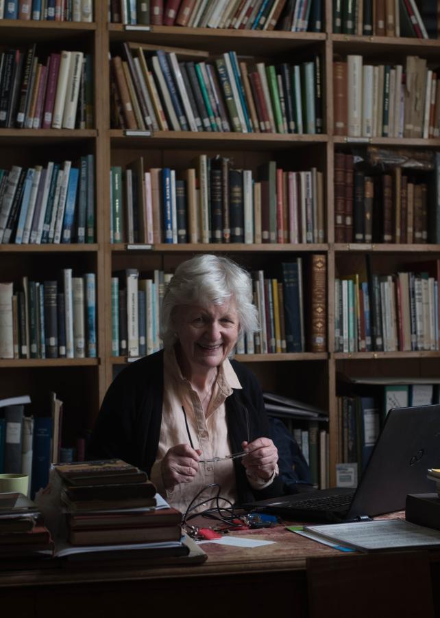 Photograph of Mary Oldham in the Library at Gregynog