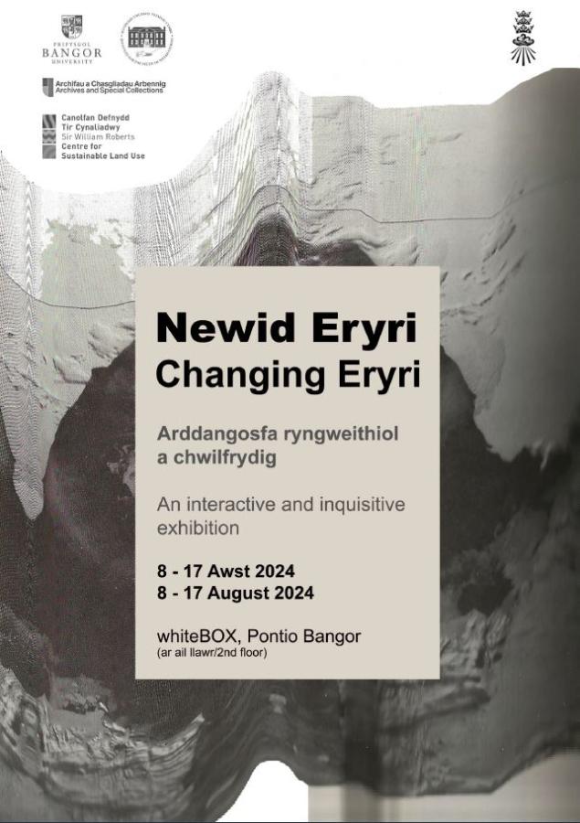 A black and white poster, promoting the Newid Eryri/Changing Eryri event, with the necessary details in both English and Welsh