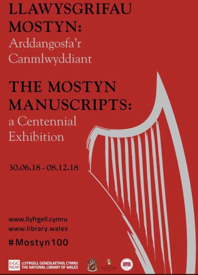 Exhibition poster, red with a white harp graphic. 