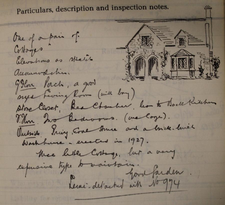 Handwritten inspection notes for a Penrhyn estate cottage, with a small illustration of the cottage in one corner.