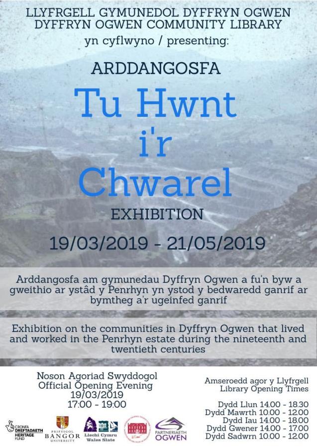 Exhibition poster with text over a photograph of a quarry. 