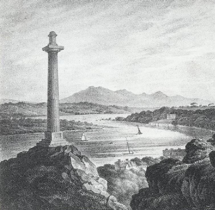 Illustration of the Anglesey Column with the Menai Straight in the Background