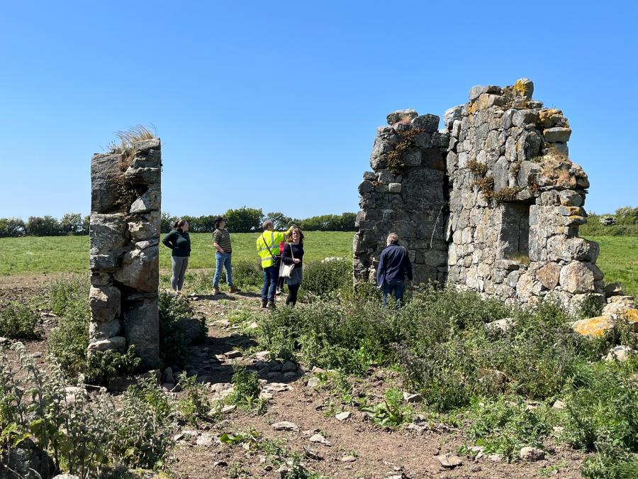 A group investigating a ruined building