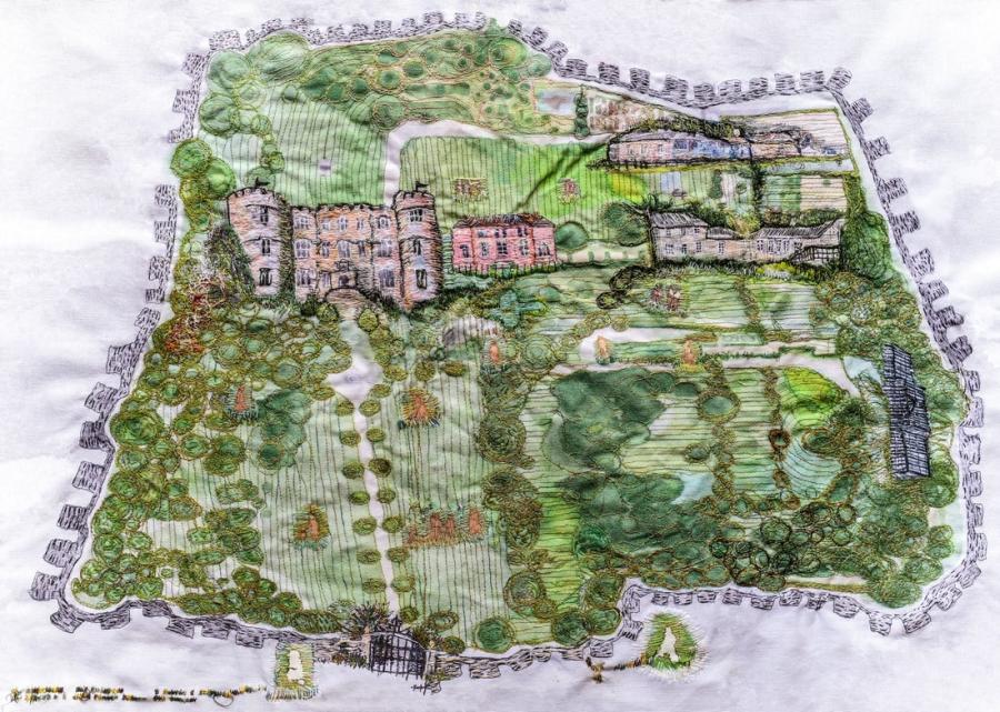 A piece of embroidered artwork by Haf Weighton, depicting Ruperra Castle and its grounds.