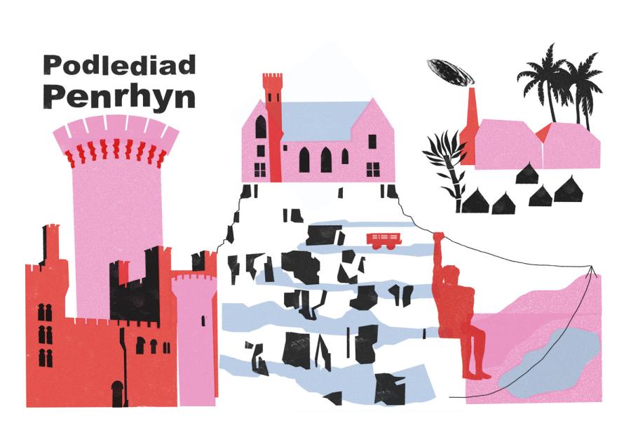 A pink, red and blue illustration of Penrhyn Castle and slate mines, promoting the podcast series 'Podlediad Penrhyn'.