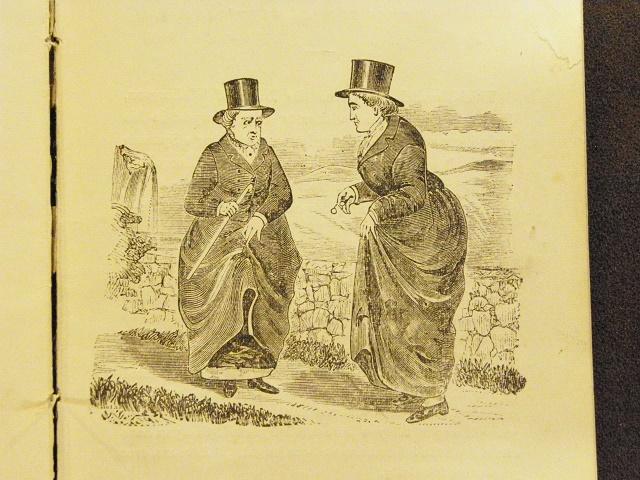 Illustration of two women in traditional dress with top hats. 