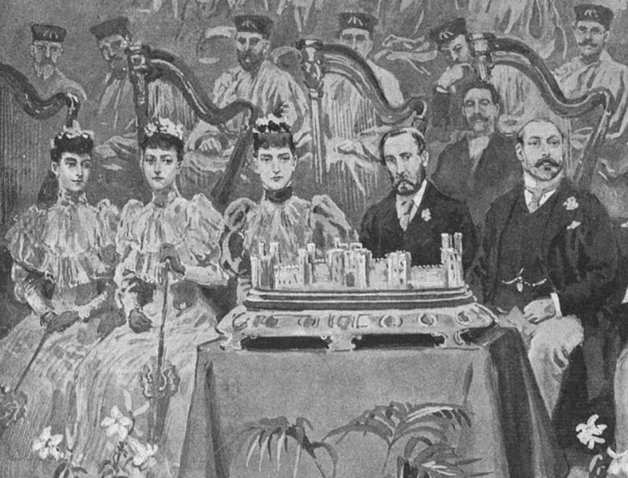 Illustration of a family group with a model of Penrhyn Castle in front of them