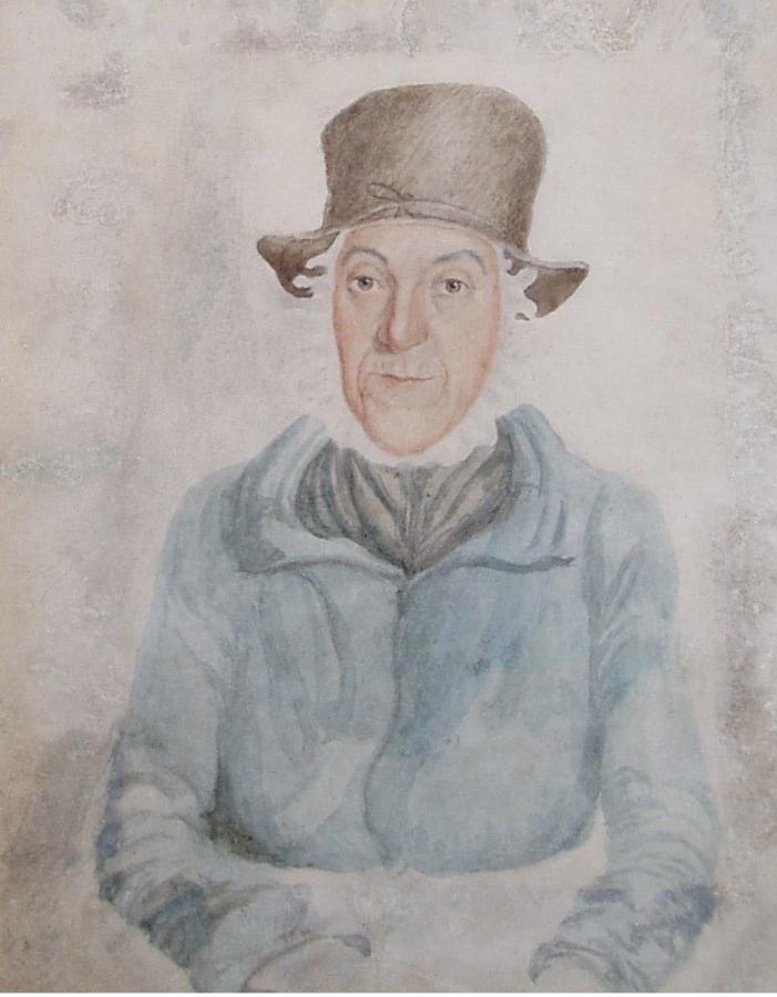 Watercolour painting of a woman wearing blue clothes and a black hat.