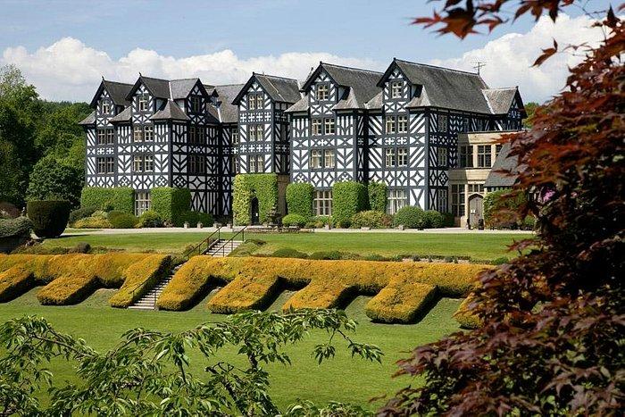 Photograph of Gregynog Hall, a black and white mansion