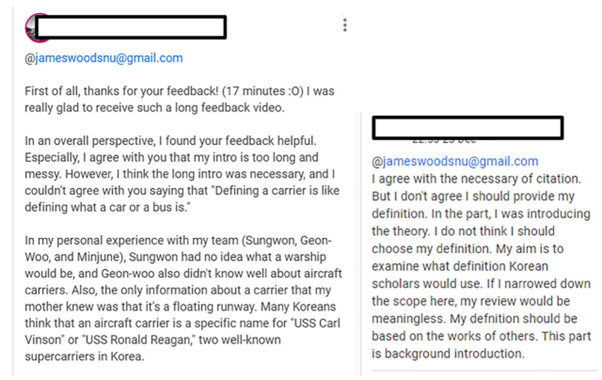 Screenshot of two messages from students responding to and discussing points raised by tutor in feedback.