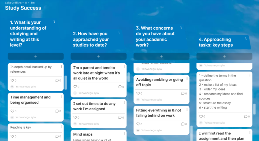 Padlet screenshot. Example of anonymous student comments responding to four different prompts, including the options to add comments and ‘like’.