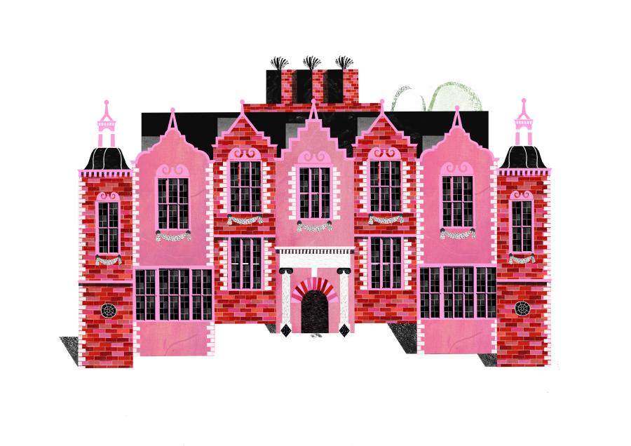 A pink and red illustration of a Stuart country house by Bethan.