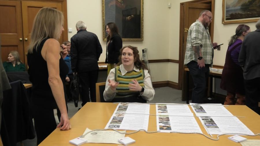 ISWE doctoral student Bethan Scorey and Dr Meinir Moncrieffe discussing their reseach during ISWE's Community Day