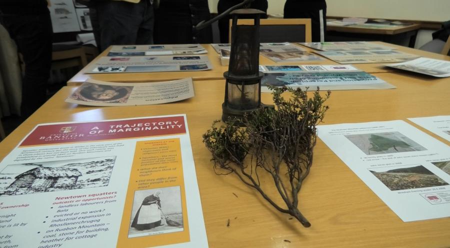 a shot of Vic Tyler's display for ISWE's Community Day, including posters and pictures of the site, and also artefacts, such as an old paraffin lamp, and a branch of heather