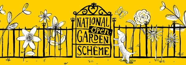 An illustration of a black fence and gate with the words National Garden Scheme Open on it and white flowers on the fence and a sausage dog standing on its back legs looking at the gate.